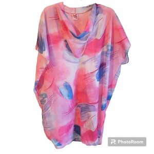 Down Side Up Pink And Blue Boxy Cowl Neck Swim Cover Up O/S